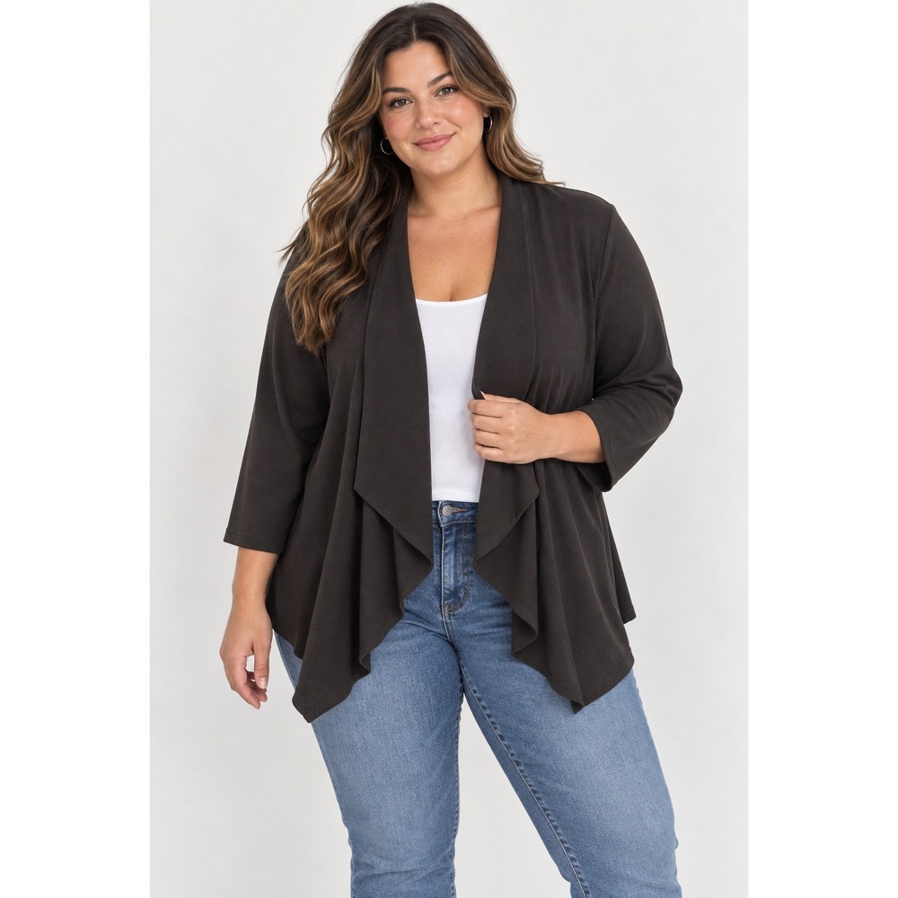 Doublju Womens 2X Black Open Front Drape Waterfall Cardigan Textured Lightweight